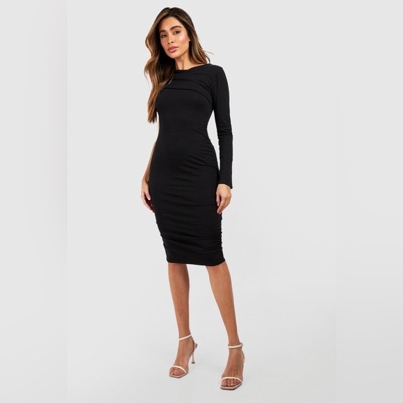 Boohoo Black Long Sleeve Bodycon Midi Dress Sz 4/ Small | Chic Minimalist Look - Picture 7 of 11